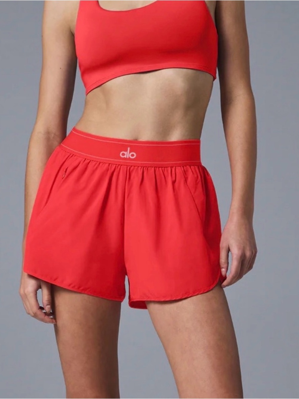 ALO YOGA Match Point Running Shorts Red Coral Logo Elastic Waist Medium M